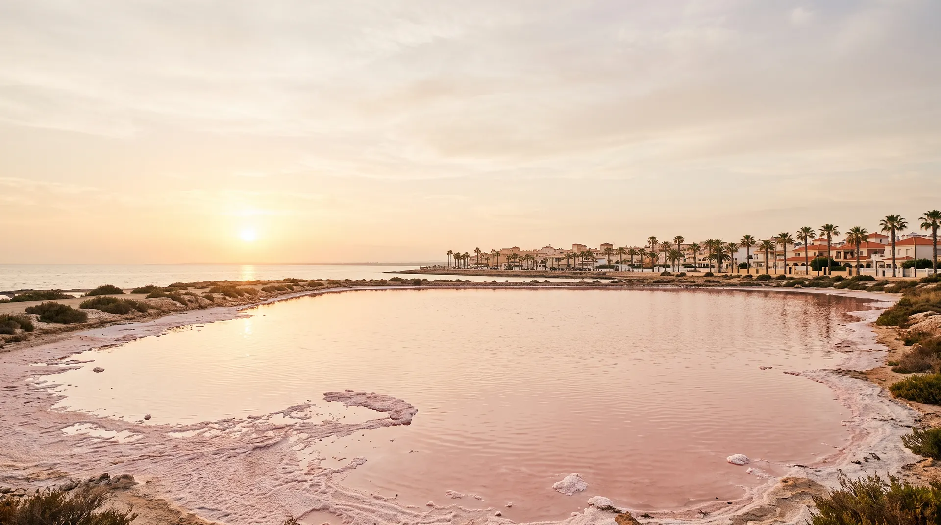 Blick auf die Küste von Torrevieja am späten Nachmittag, mit ruhigem Meer und Wohnhäusern entlang der Promenade.