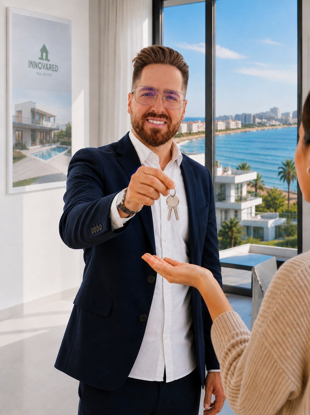 Agente Innovared mostrando una vivienda con vistas a la costa